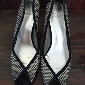 Stuart Weitzman Mesh Peep Toe Heels in Black and Silver
